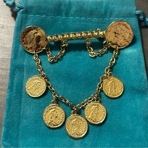 VINTAGE DANGLING COINS GOLD TONE Estate BROOCH Bar PIN 1960s